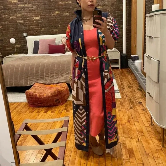 Carolina K Retro Mod Muumuu Midi Dress XS Artsy Kaftan Vacation Designer $425 - Picture 5 of 13